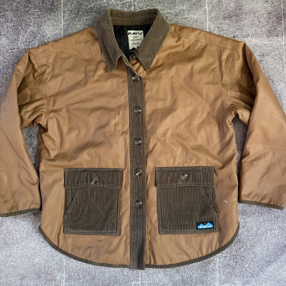 Women's Kavu Bowen Bay Tan Brown Button Up Corduroy Canvas Chore Jacket Sz XL